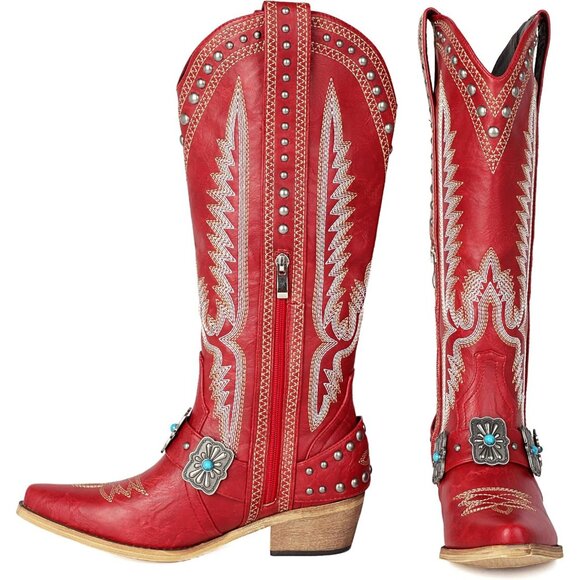 Women's Metallic Buckle Turquoise Knee High Rubber Rivet Western Red Boots - Picture 3 of 6